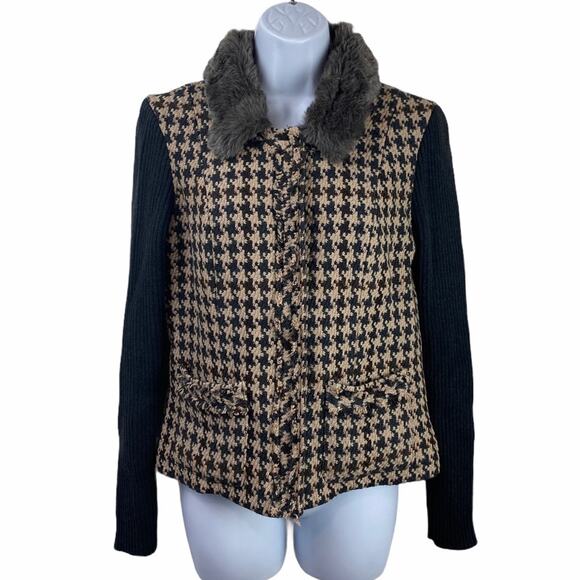 CAbi Houndstooth Wool Blend Faux Fur Collar Jacket Sz 4 - Picture 1 of 8
